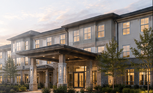 Exterior of a seniors housing community at dusk